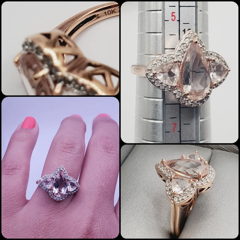 10k Solid Rose Gold Pear Morganite Halo Ring